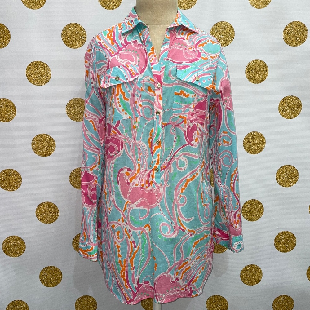 Lilly Pulitzer Captiva Tunic, Cover-Up, Spa Blue Jellies Be Jammin’, XS